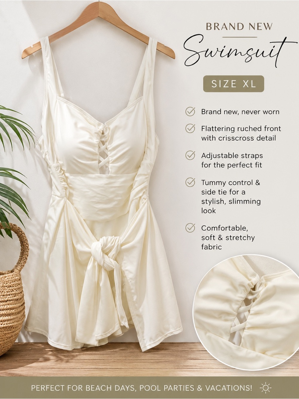 Elegant Cream One-Piece Swimsuit with Front Tie & Ruched Detail